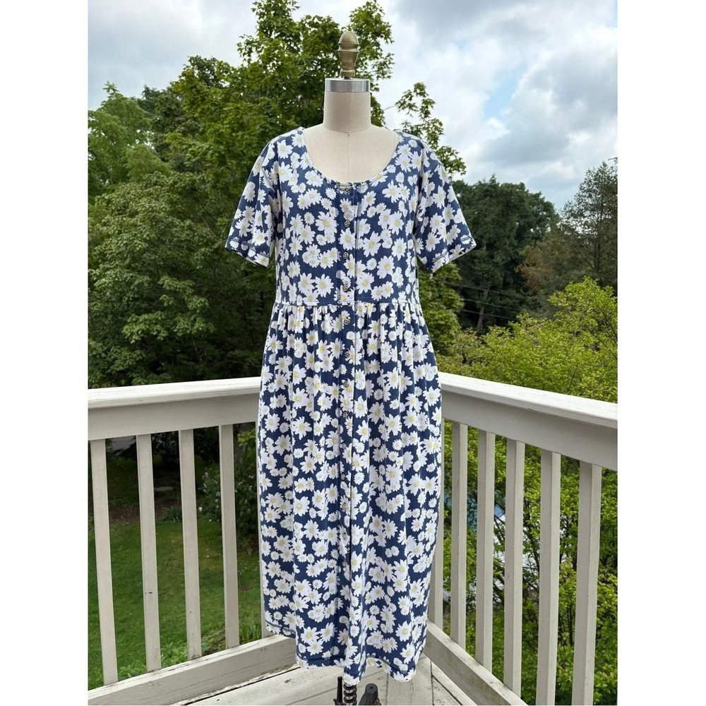 Vintage Daisy Floral Print Midi Dress XL Erika 90s Y2K Cottagecore Blue White